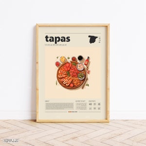 Póster de tapas, impresión de comida, comida española, póster retro, regalo de inauguración de la casa, decoración de cocina, póster de mediados de siglo, impresión minimalista