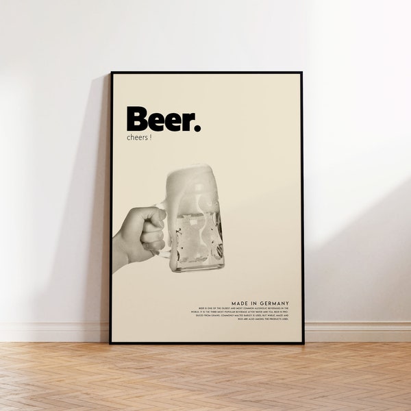 Bier Poster, Bar Print, Bar Dekor, Retro Poster, Housewarminggeschenk, Küchendekor, Mid Century Poster, minimalistischer Druck, Küchenkunst