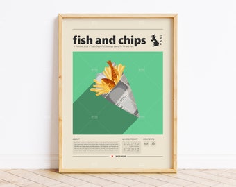 Fish And Chips Poster,, British food Retro Poster, Housewarming Gift, Kitchen Decor, Mid Century Poster, Minimalist Print