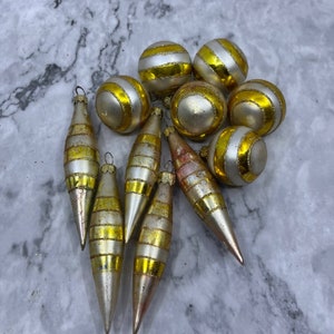 Vintage Lot of 11 Small Mercury Glass Ornaments White Gold Mica OT1