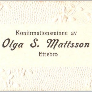 Vintage Olga S. Mattsson Ettebro Konfirmations Minne Cartão de Visita Sueco AE2