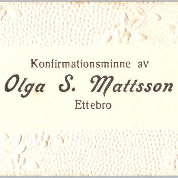 Vintage Olga S. Mattsson Ettebro Konfirmations Minne Swedish Calling Card AE2