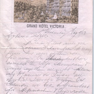 Carta manuscrita de 1882 sobre el Grand Hotel Victoria de Interlaken, papelería D18