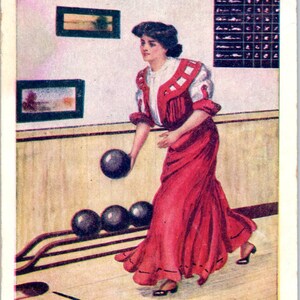 1908 Woman Bowling Graf Christy Sports Original Postkarte TK1-23