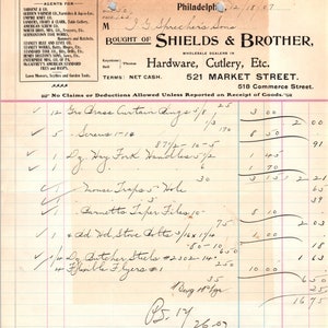1907 Shields & Brother Hardware Philadelphia membrete recibo D11