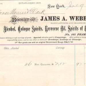 1884 James A. Webb & Son Spirits Pearl St. NY Recibo Membrete D24