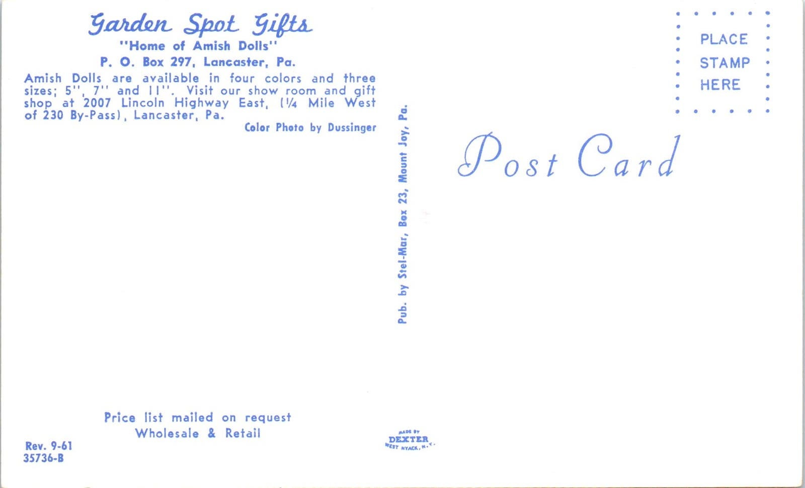 Authentic Amish Dolls Garden Spot Gifts Lancaster PA Original Postcard