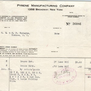 Pyrene Manufacturing Co NY 1915 Recibo original con membrete D8-LL