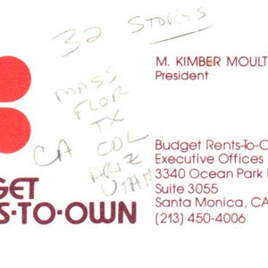 M. Kimber Moulton JR Budget Rents-To-Own Santa Monica Vtg Visitenkarte SD8-B4