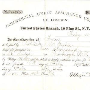 1875 Commercial Union Assurance Co de London Pine St NY Recibo Membrete D24
