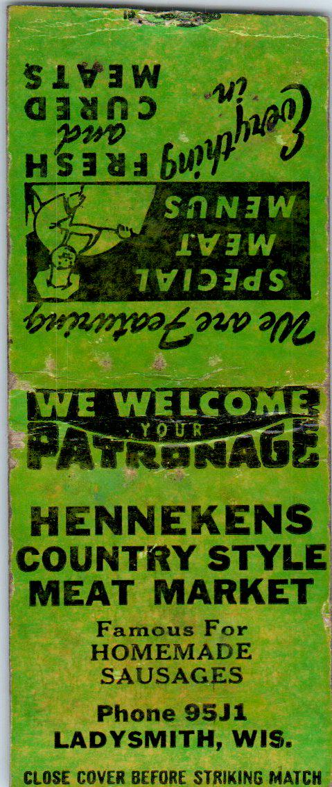 Hennekens Meat Market Ladysmith WI Vintage Matchbook Cover SD2-Y12