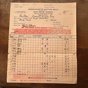 Massachusetts Knitting Mills Recibo de papel con membrete original de la década de 1920 D8-LL