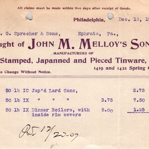 1907 John M. Melloy's Sons Tinware Filadelfia Membrete Billhead Recibo D11