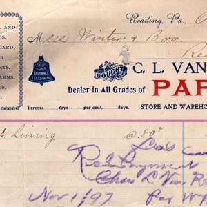1897 C.L. Van Reed Paper Reading PA Original-Billhead Briefkopf Quittung AE7