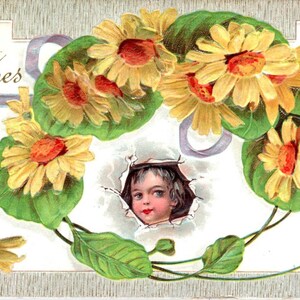 Beste Wünsche Gesicht in Blume Daisies Embossed c1910 Original Postkarte TK1-27
