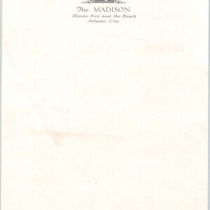 Vintage The Madison Hotel Atlantic City Nueva Jersey Membrete en blanco AD8-R6