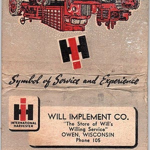 International Harvester Will Implement Co Owen WI Large Matchbook Cover TH2-Y1