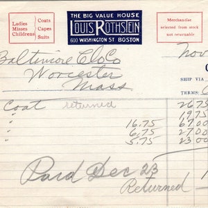 Louis Rothstein Value House Boston 1924 Original Billhead Membrete D8-LL