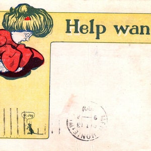 Pomoc poszukiwana kobieta boi się myszy Humor kreskówka 1907 Oryginalna pocztówka PB1