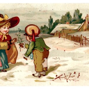 Winterszene Frau & kleiner Junge signiert WJW - 1880er Jahre Victorian Trade Card TJ8-3