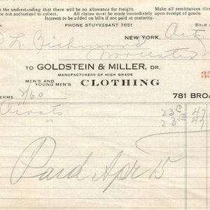 Goldstein & Miller Clothing NY 1923 Recibo con membrete original Billhead D8-LL