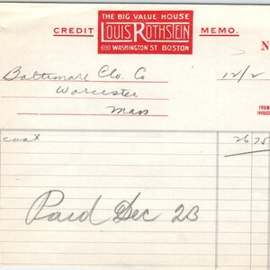 Louis Rothstein Value House Worcester 1924 Original Billhead Membrete D8