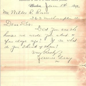 Membrete de 1892 James Gray Real Estate No. 2 Pemberton Square Boston AF3-17