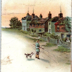 Illustrazione di ragazzo e cane c1880 Carta vittoriana fustellata 3,25x5" AB9