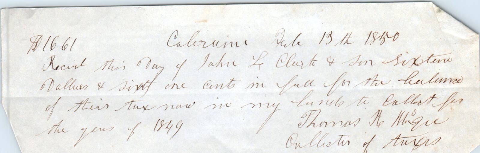 1850 Handwritten Receipt Colrain Massachusetts Tax Collector John Clark AE6-05