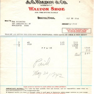 A.G. Walton & Co Shoes Boston MA 1941 Recibo con membrete en papel factura original D8
