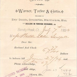 Recibo de membrete D24 de Warner, Taylor & Curtis Dry Goods de 1894 en Sandy Hook, Connecticut