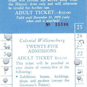 1970er Jahre Williamsburg Twenty Five Zugangs-Lochkarte Stub TF4-BK