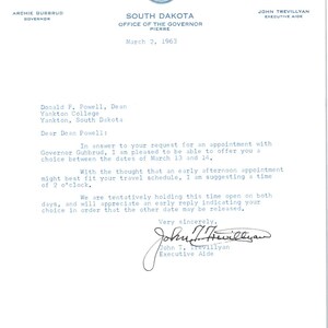 Memorándum membretado del gobernador de Dakota del Sur, Archie Gubbrud, 2 de marzo de 1963 TK1-P4