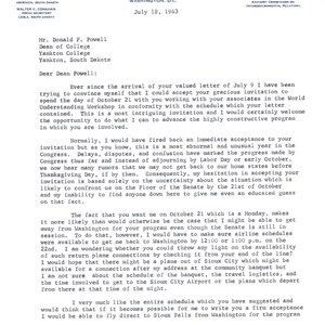 Memorándum oficial firmado con membrete del senador de Dakota del Sur Karl Mundt, julio de 1963 TK1-P6