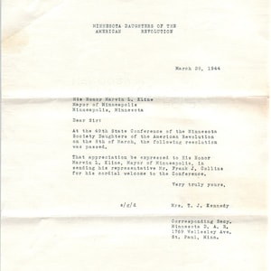 1944 MN Töchter der amerikanischen Revolution Memo an Mayor Marvin L. Kline D9