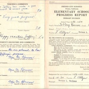 1953-54 Escuelas de la ciudad de Fresno Boleta de calificaciones de Fresno CA Jeffrey Kormos Grado 2 AB9