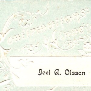 Vintage Joel A. Olsson Konfirmations Minne cartão telefônico sueco em relevo AE2