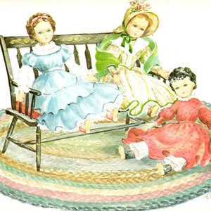Illustrazione di bambole sul tappeto intrecciato firmata Ellen Cartolina originale PB4