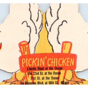 Menu Picken' Chicken degli anni '40 pieghevole fustellato Hen Miami FL Luncheon TJ8-1