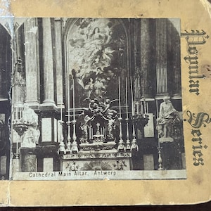 Altar Principal da Catedral Antuérpia c1880 Antigo Cartão Stereoview TJ9-V2