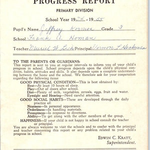 1954-55 Escuelas de la ciudad de Fresno Boleta de calificaciones de Fresno CA Jeffrey Kormos Grado 3 AB9