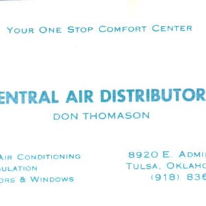 Central Air Distributors Don Thomason Tulsa OK Cartão de visita vintage SD4-B1