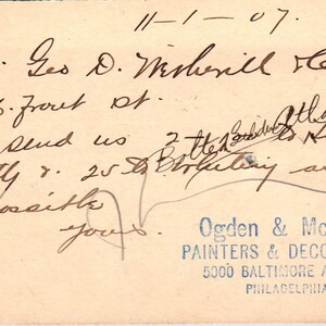 1907 Ogden & McNabb Painters And Decorators Karta pocztowa z Filadelfii PE6
