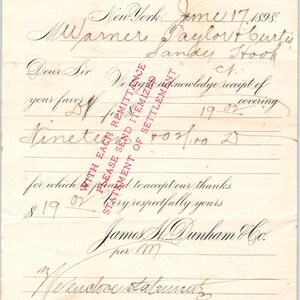 1898 James H. Dunham & Co Broadway NY Recibo Membrete D24