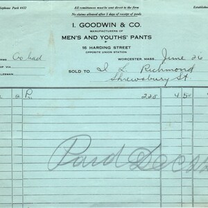 I. Goodwin & Co Pantalones para hombre Worcester 1924 Original Billhead Membrete D8