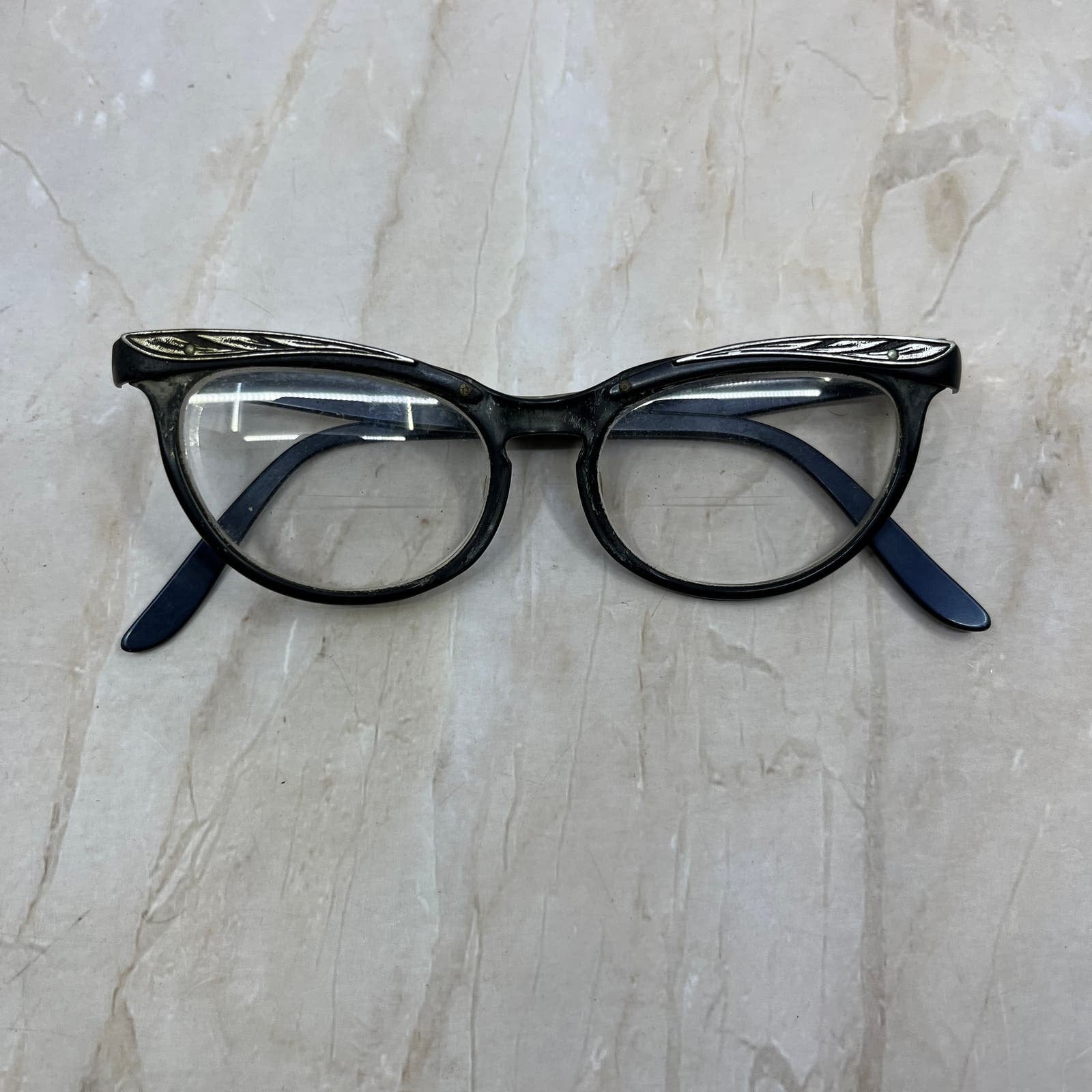 Vintage Silver Aluminum Shuron Unique Cat Eye Glasses
