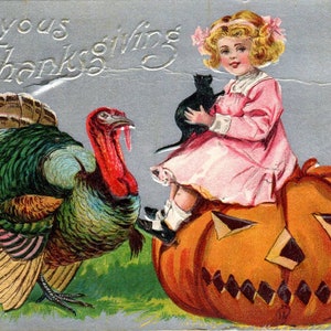 Thanksgiving Halloween Black Cat Jack O Lantern Türkei c1910 Postkarte TK1-22