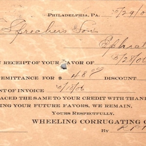 1906 Wheeling Corrugating Co Philadelphia Zahlungseingang Postkarte AE8