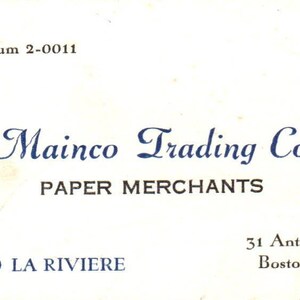 Mainco Trading Co Comerciantes de papel Roland La Riviere Boston Cartão de visita TK2-CC
