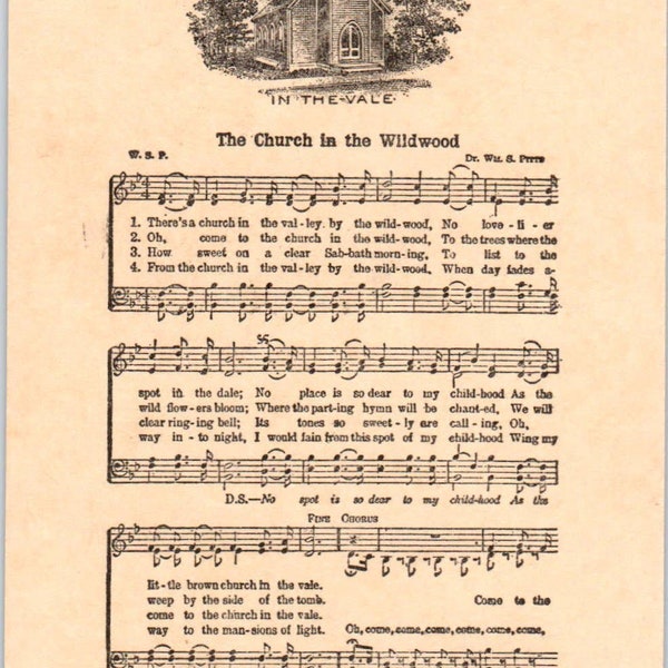 c1900 Sheet Music Postcard Hymn The Church in the Wildwood Original TK1-24